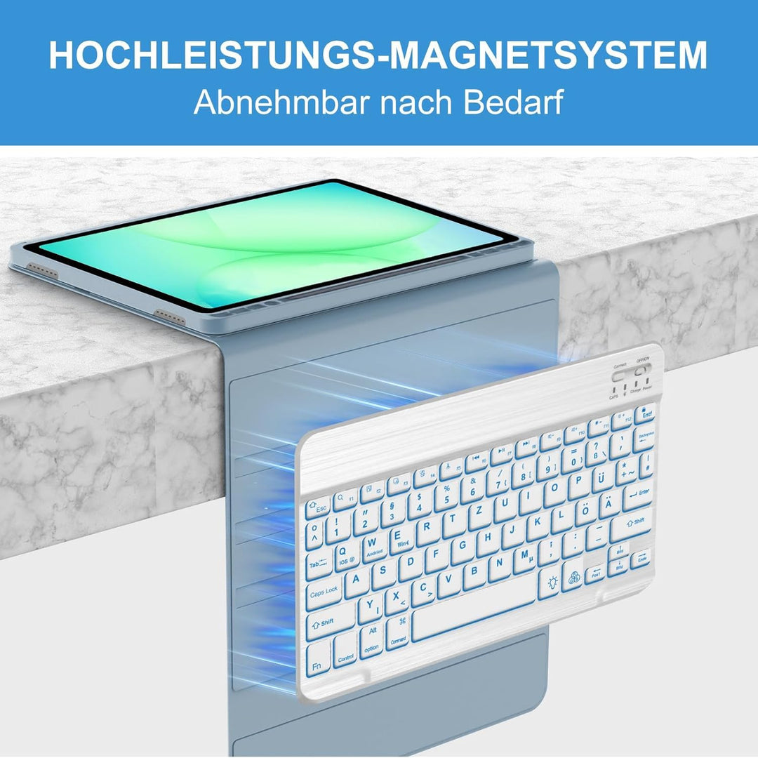 Hülle mit Tastatur für Samsung Tab A11+ & A9+ 11" (2025/2023) mit 7-Farben Beleuchtung, DE QWERTZ Bl