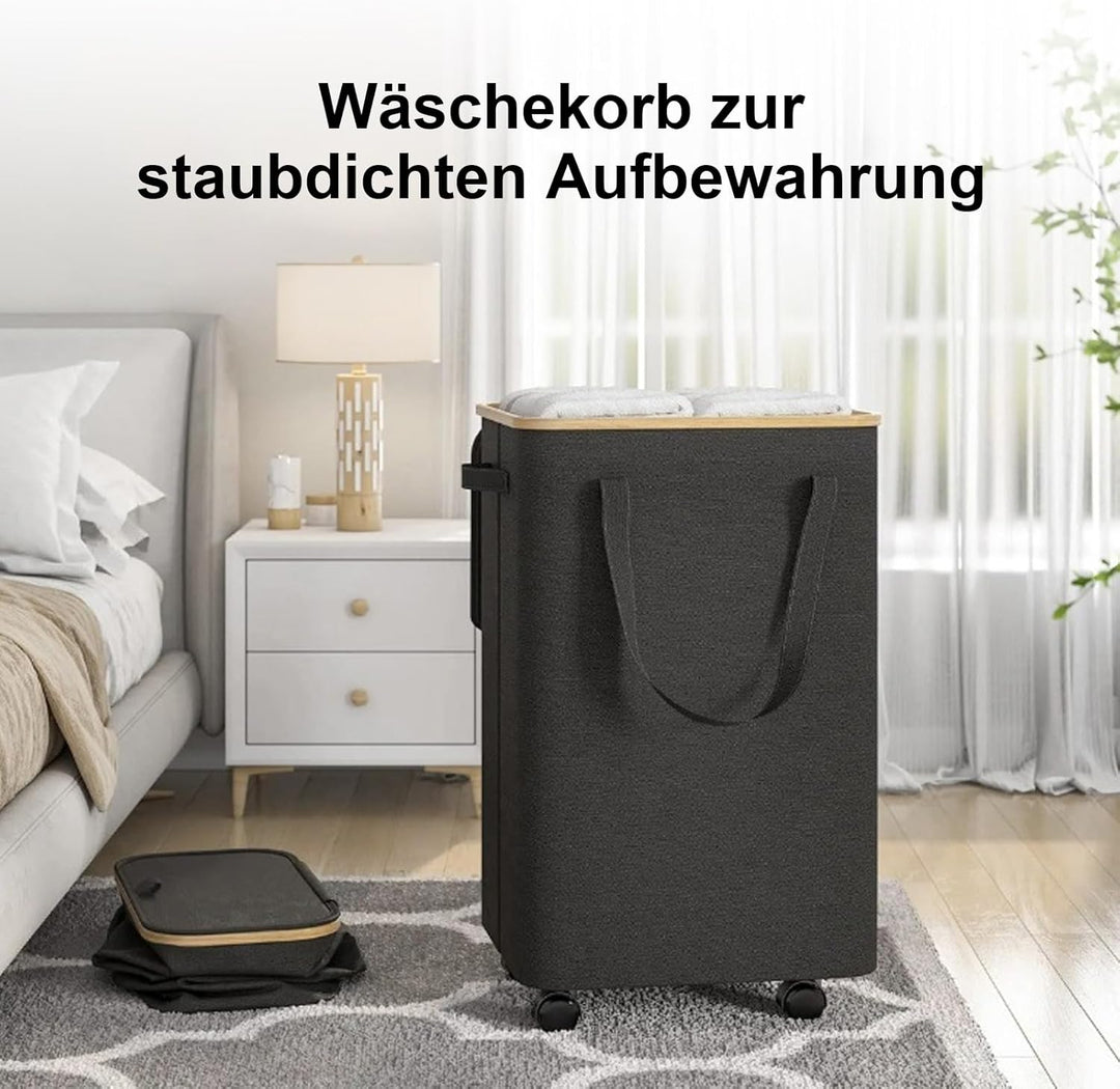 Wäschekorb mit Rollen, 70L Wäschekorb mit Deckel, Faltbare Wäschebehälter mit Wäschetruhe aus abnehm