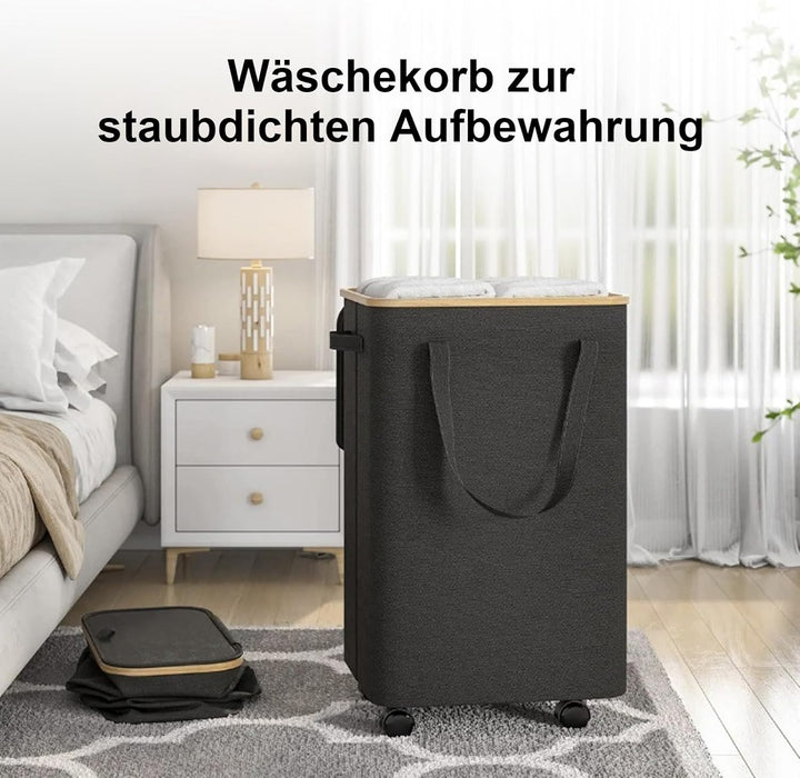 Wäschekorb mit Rollen, 70L Wäschekorb mit Deckel, Faltbare Wäschebehälter mit Wäschetruhe aus abnehm