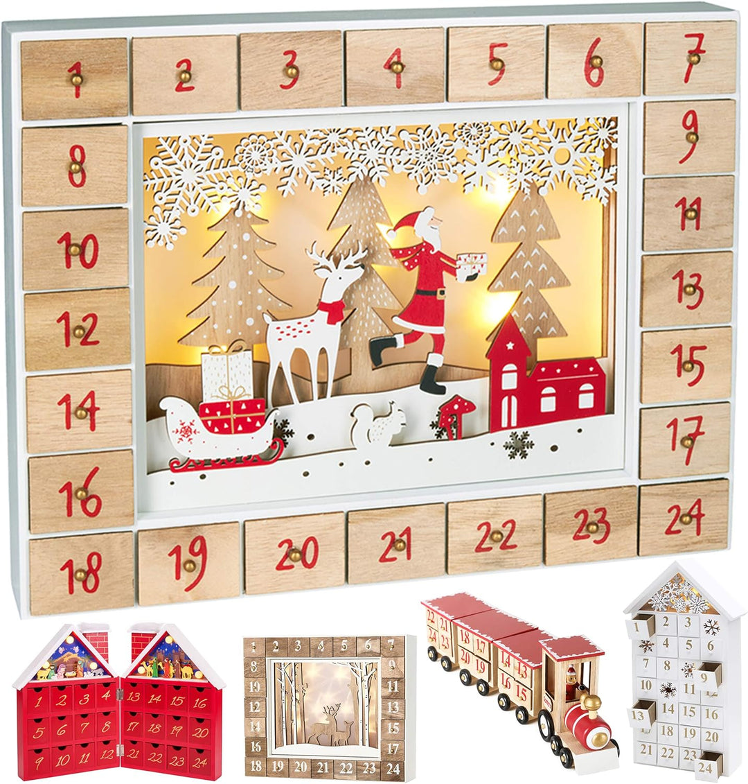 BRUBAKER Adventskalender aus Holz zum Befüllen - Weihnachtsmann im Wald mit LED-Beleuchtung - Wieder