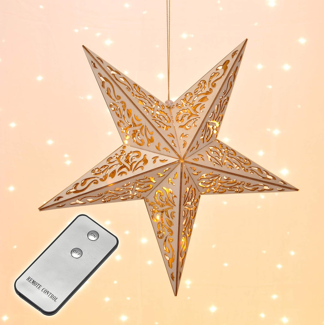 Haushalt International Holzstern mit Fernbedienung 40cm LED beleuchteter Stern Weihnachts Fenster De