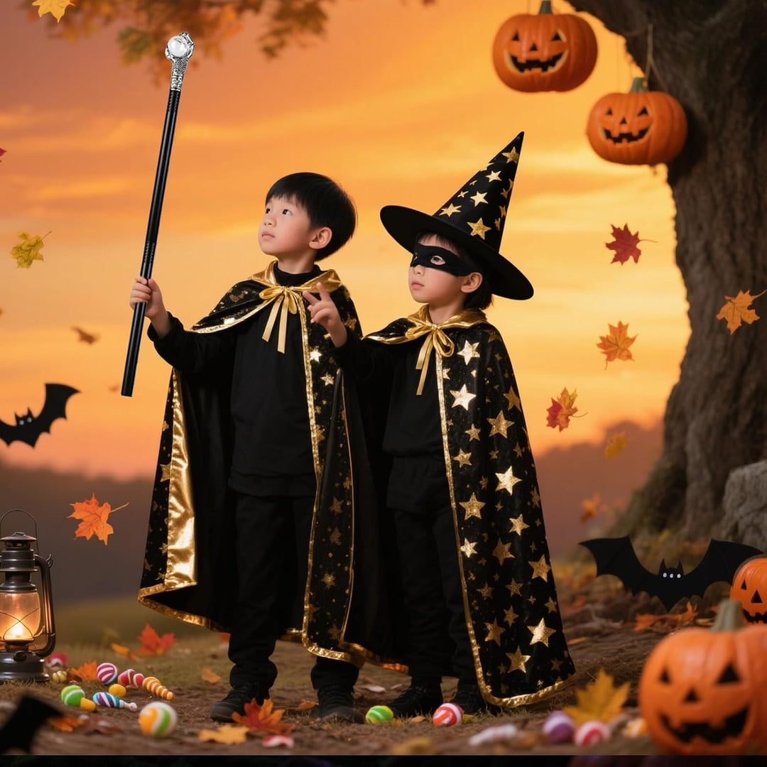 Zauberer Kostüm Kinder,4 Stück Zauberumhang Hexenhut Zauberstab Maske,Halloween FaschingskostüMe für
