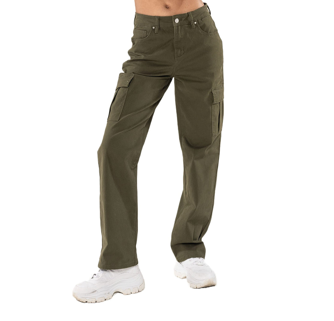 Nina Carter Q1885 Damen Cargo Jeans High Waist Cargohose Stretch Straight Leg Hose S Khaki (Q1885-2)