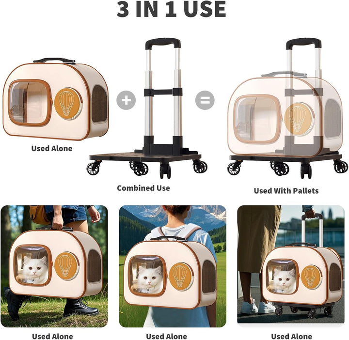PETCUTE Hundetransportbox mit Rollen,Faltbarer Katzenrucksack mit Innerer Sicherheitsleine,Tragbar u