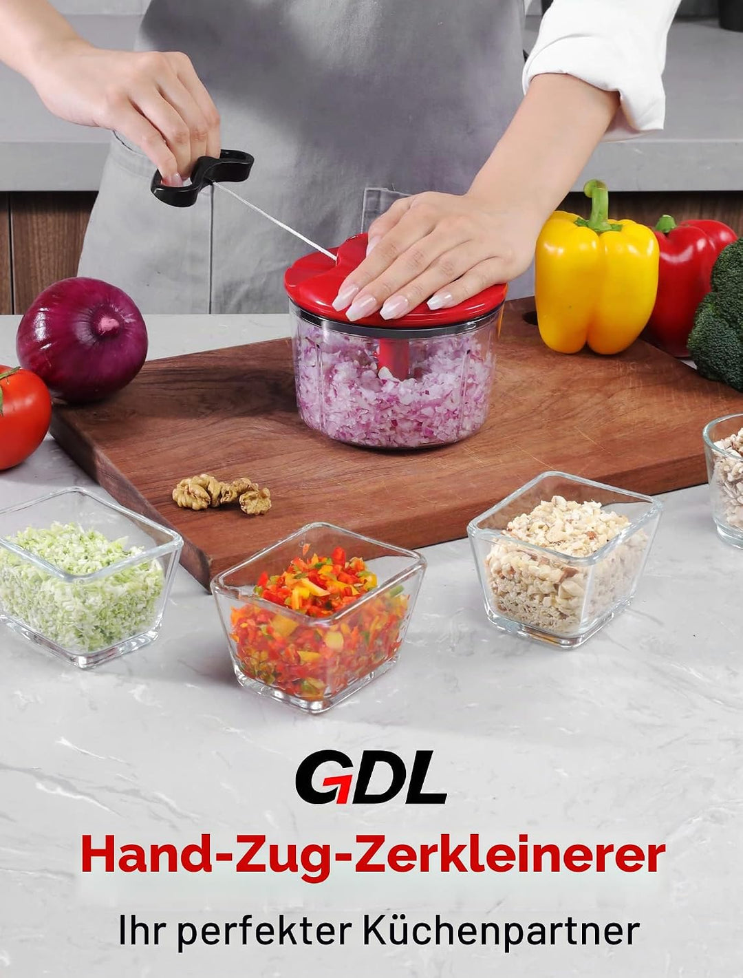 GDL Zwiebelschneider, 800ML Zwiebel Zerkleinerer mit Edelstahlklingen, Multizerkleinerer Gemüseschne
