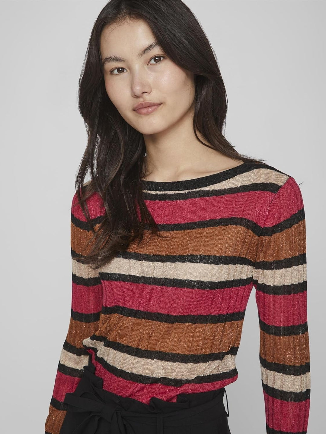 Vila Damen Viember New L/S Glitter Knit Top/Su Langarmshirt M Love Potion/Stripes:doeskin/Black/Cara