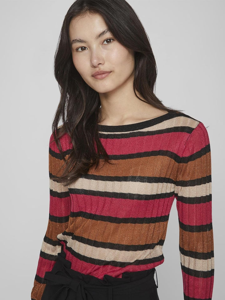 Vila Damen Viember New L/S Glitter Knit Top/Su Langarmshirt M Love Potion/Stripes:doeskin/Black/Cara