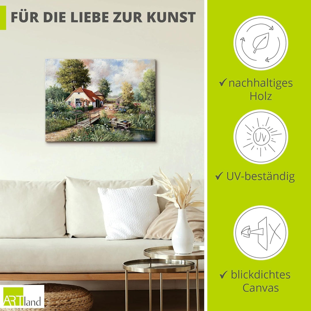 ARTland Leinwandbilder Wandbild Bild auf Leinwand 60x45 cm Wanddeko Bauernhof Landschaft Natur Fluss