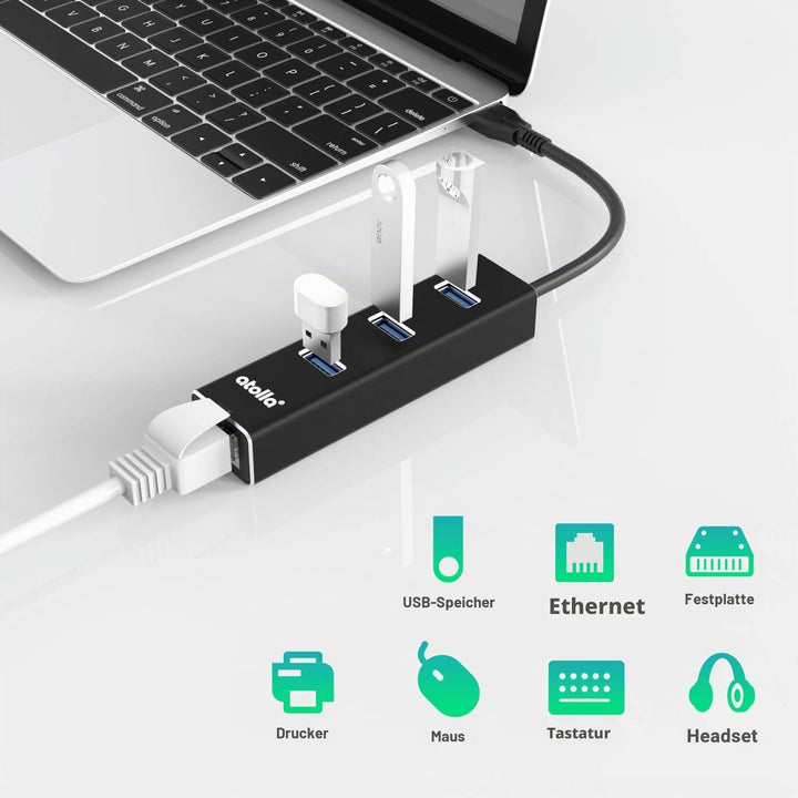 atolla USB LAN Adapter, Aluminium USB Hub mit 3 USB 3.0 Ports und RJ45 Gigabit Ethernet Netzwerkadap