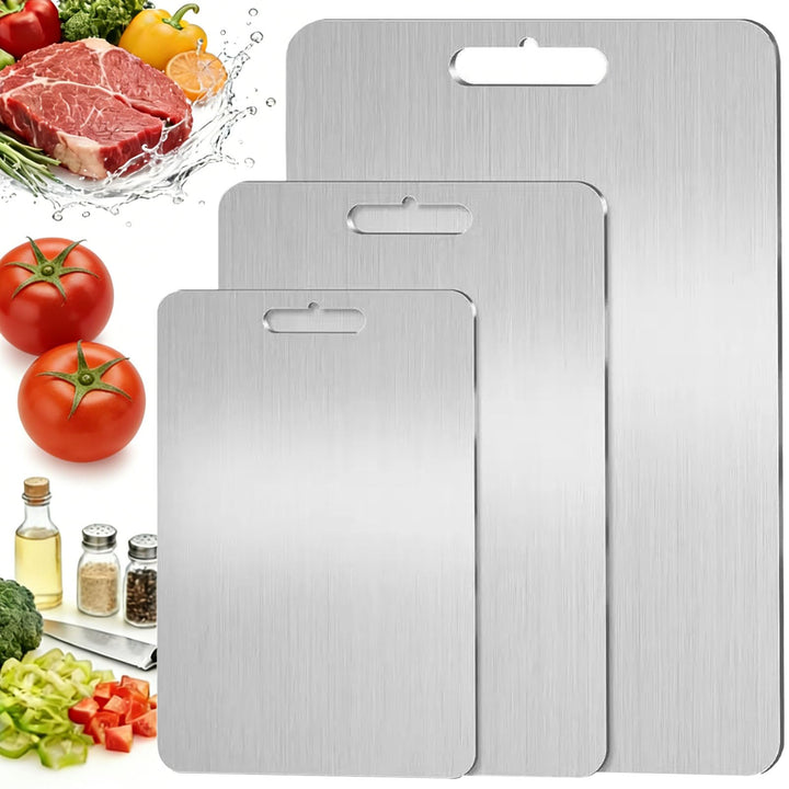 Edelstahl Schneidebrett Set 3-teilig, 1mm Ultra-Dünn & Flexibel, Spülmaschinenfest & Rostfrei, Doppe