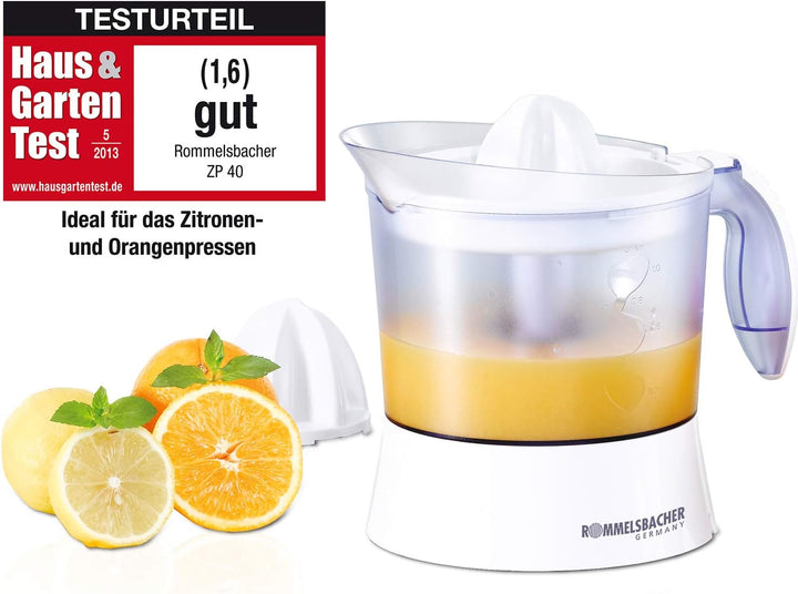 ROMMELSBACHER Zitruspresse ZP 40 – 1 Liter Saftbehälter, leiser Motor, Rechts-/Linkslauf, Einstellun