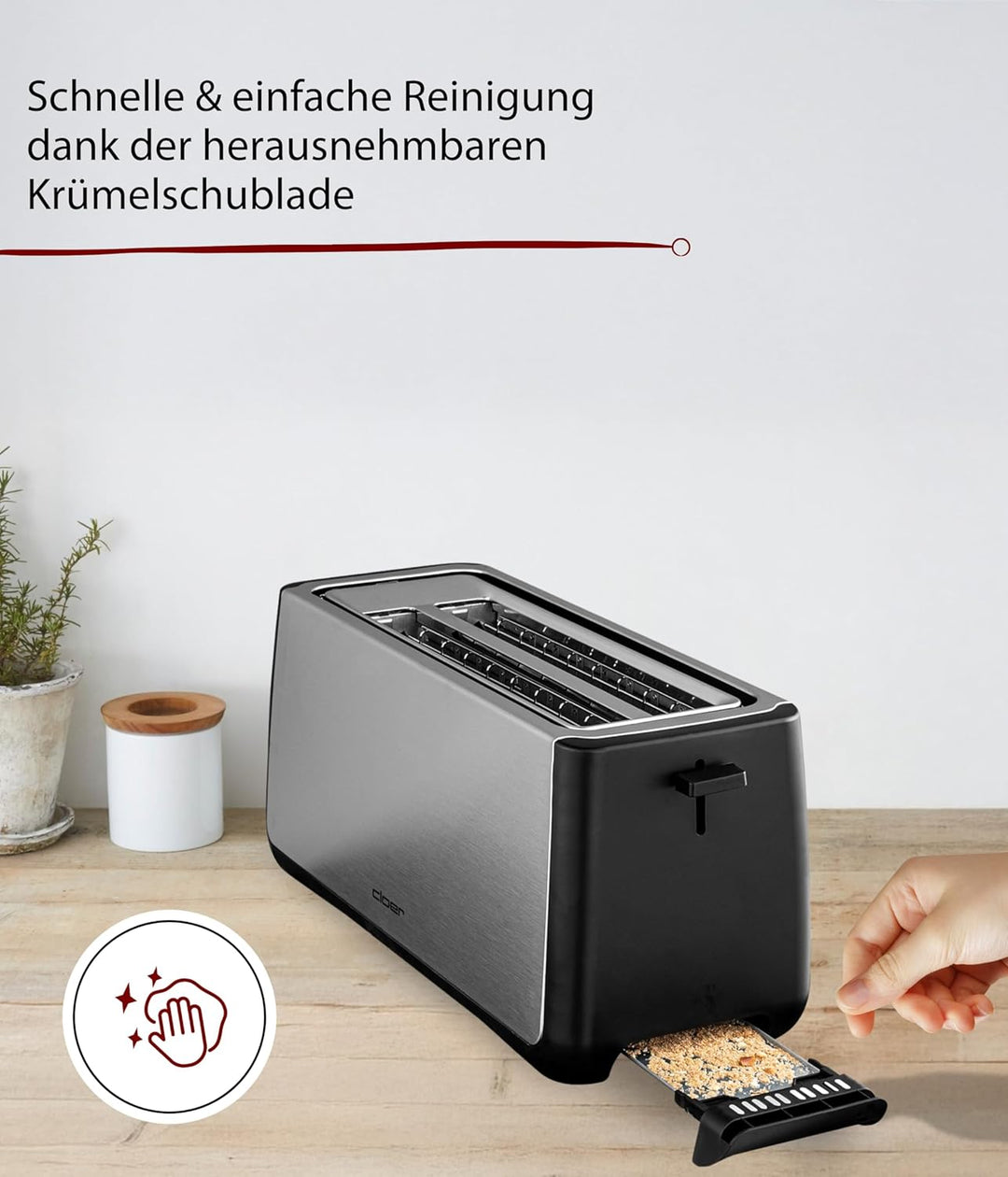 Cloer 3579 King-Size Toaster für 4 XXL Scheiben, Check-Funktion, Edelstahlgehäuse, 1500 Watt, schwar