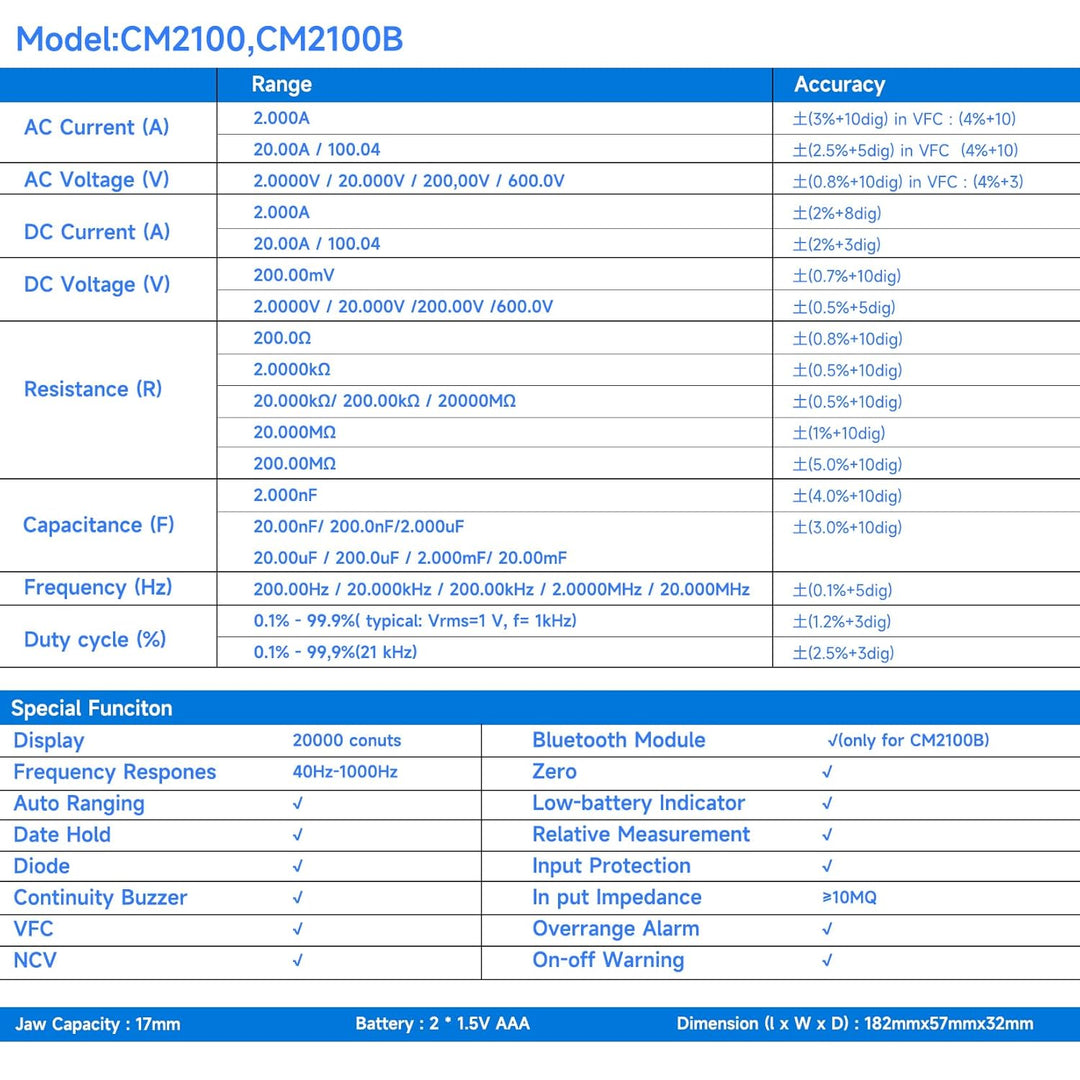 OWON CM2100B Mini Bluetooth Zangenmessgerät 20000 Zählungen Handheld True RMS 600 V 100 A AC/DC Stro
