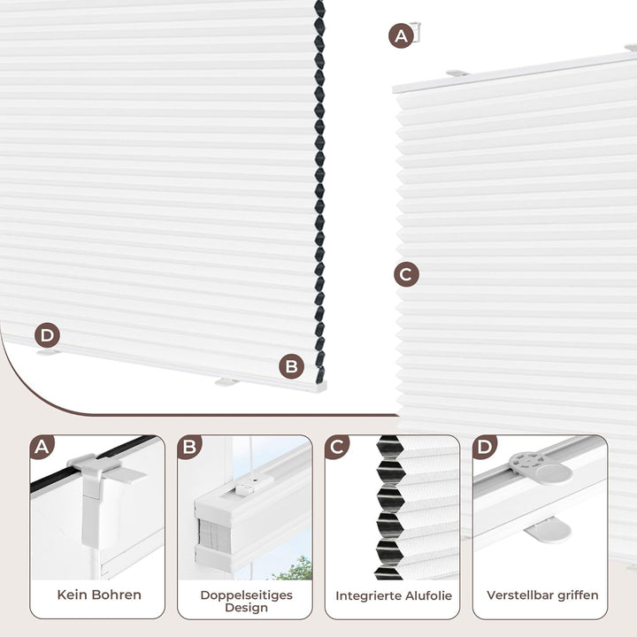 Allesin Wabenplissee ohne Bohren - Verdunklungsplissee 100% Blackout,Weiss-weiss 40x100 cm Thermo &