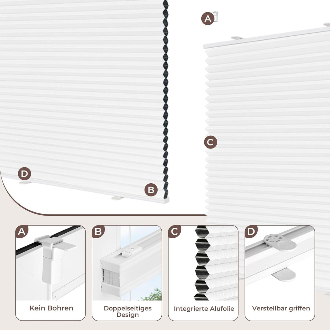 Allesin Wabenplissee ohne Bohren Verdunklung Thermo Doppelplissee Klemmfix Zweifarbig Weiss-weiss 40