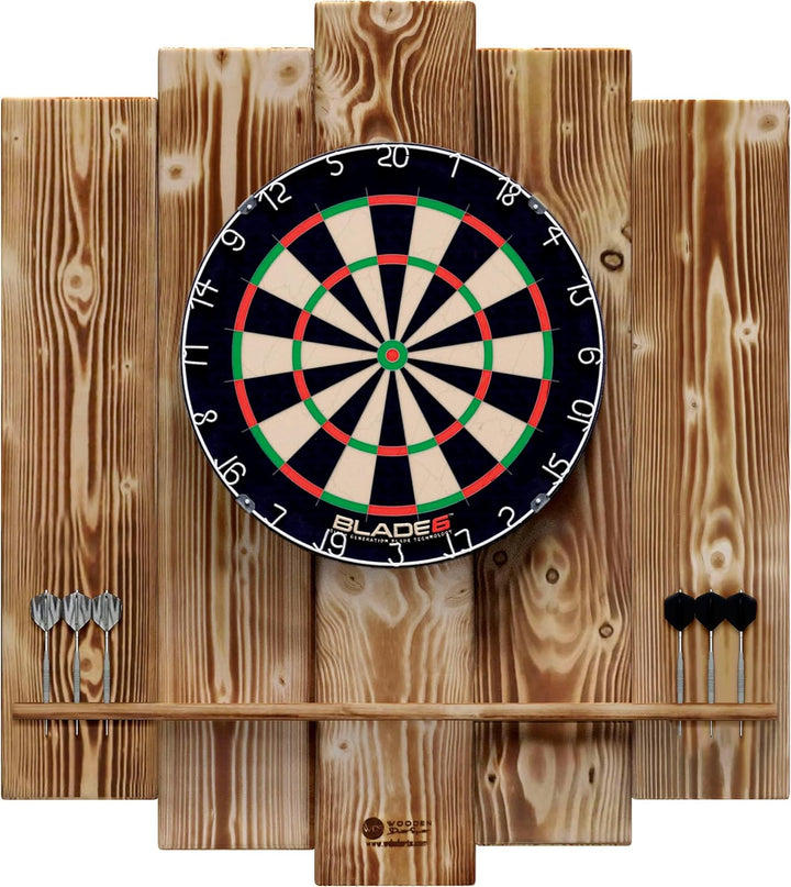 Wooden Dartboard Surround | Premium Dart-Wandschutz & Tablet-Halter (Optional) | Geflammter Burned L