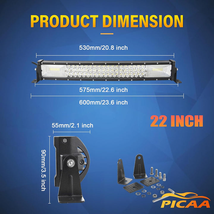 PICAA Gebogene 22 Zoll 270W LED Lightbar 12V 24V, Tri-Reihen Spot Flood Combo Lichtbalken Arbeitssch
