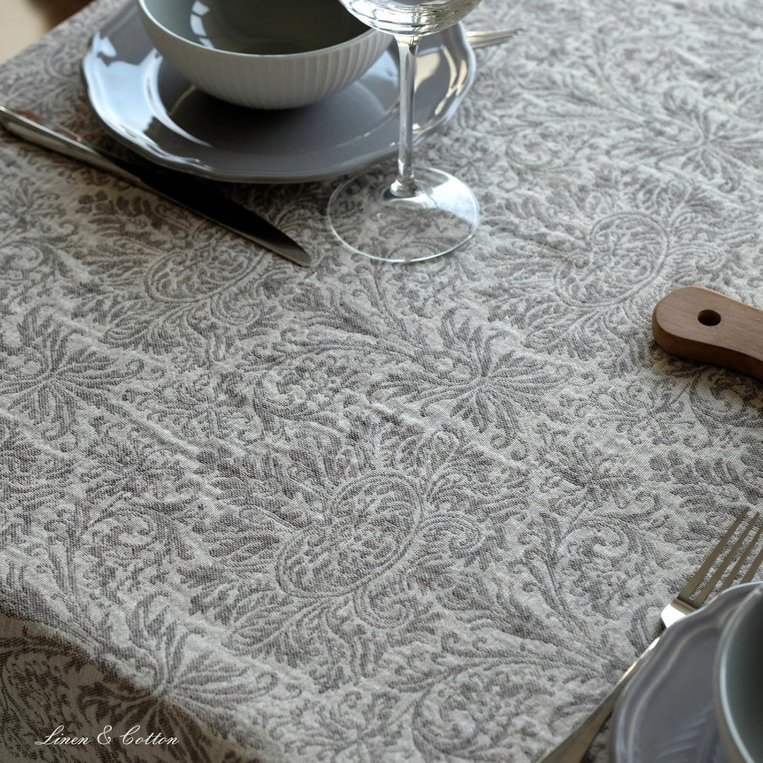 Linen &amp; Cotton Qualität Jacquard Damast Tischdecke Hercus - 53% Leinen, 47% Baumwolle, Weiss Weiss G