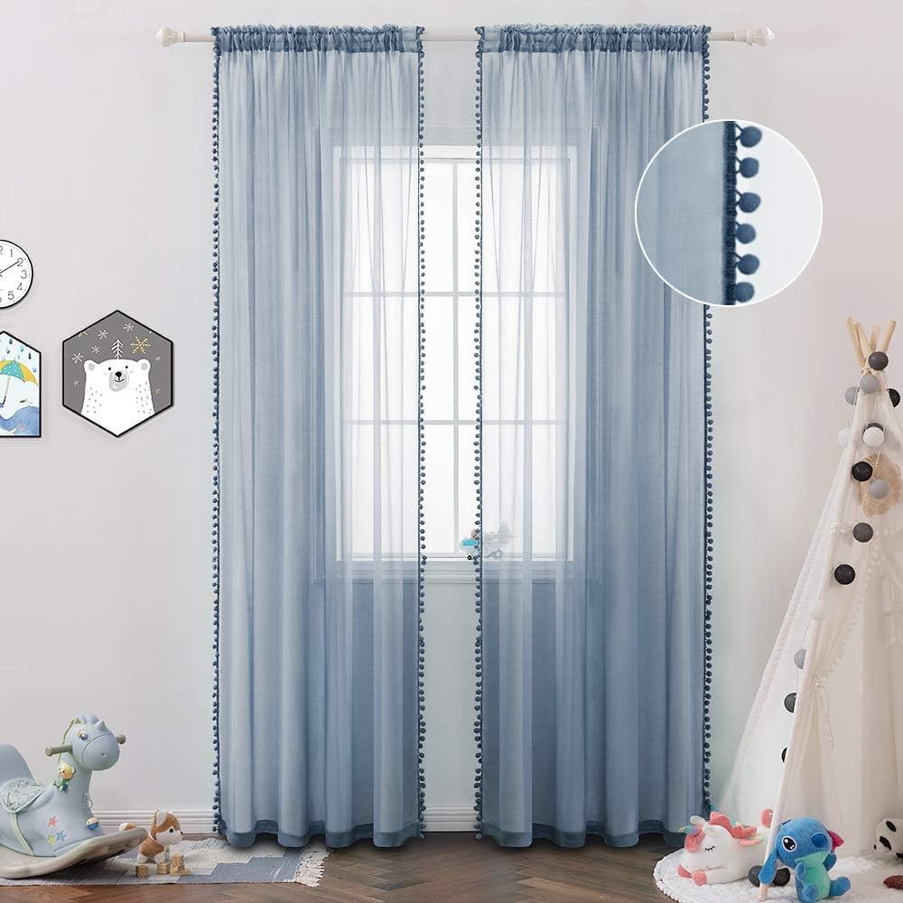 MIULEE Vorhänge mit Pompons-Niedlich Blau Gardinen 2-Set für Kinderzimmer, Transparent Gardinen mit