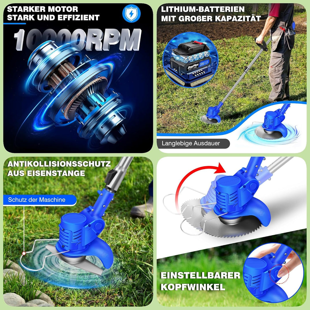DayPlus Schnurloser Strimmer Rasentrimmer mit 2 Akkus, Leichter, einziehbarer, wiederaufladbarer Gra