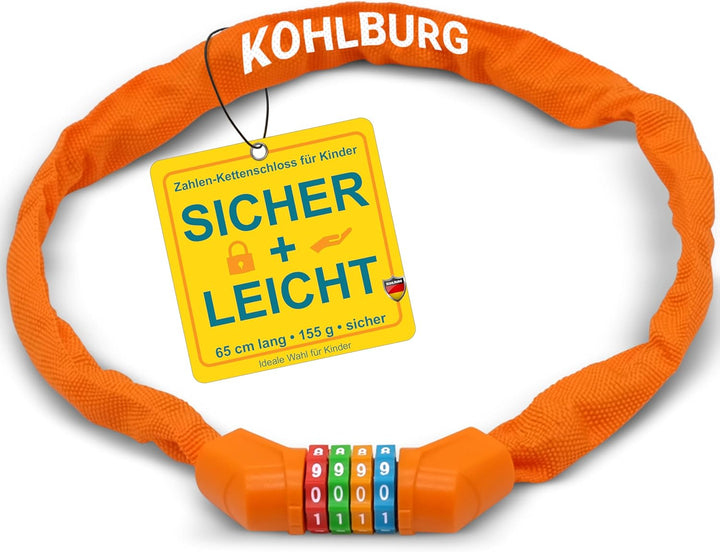 KOHLBURG Kinder Fahrradschloss Zahlenschloss 4 stellig [ohne Weichmacher, Stahlkette] - Kinderschlos
