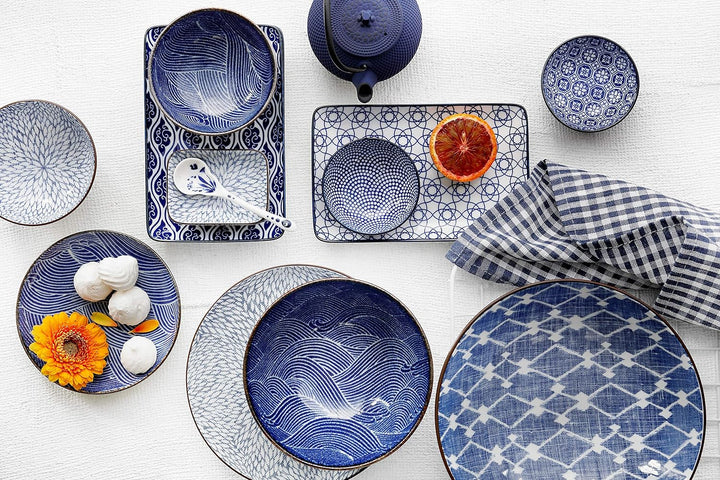 Nippon Blue Sushi Plate w/Giftbox mit Chop 4pcs 21x13.5 & 9.5x3cm Lines/Dots