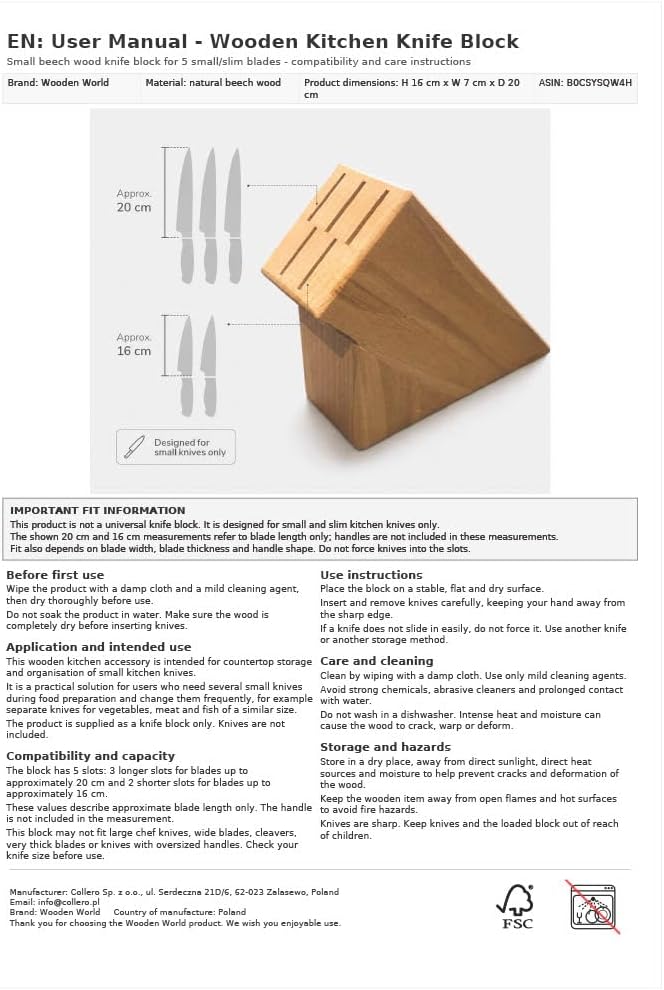 Wooden World - Küchenmesserblock aus Holz für 5 Klingen – Natürlicher, ökologischer Organizer für Me