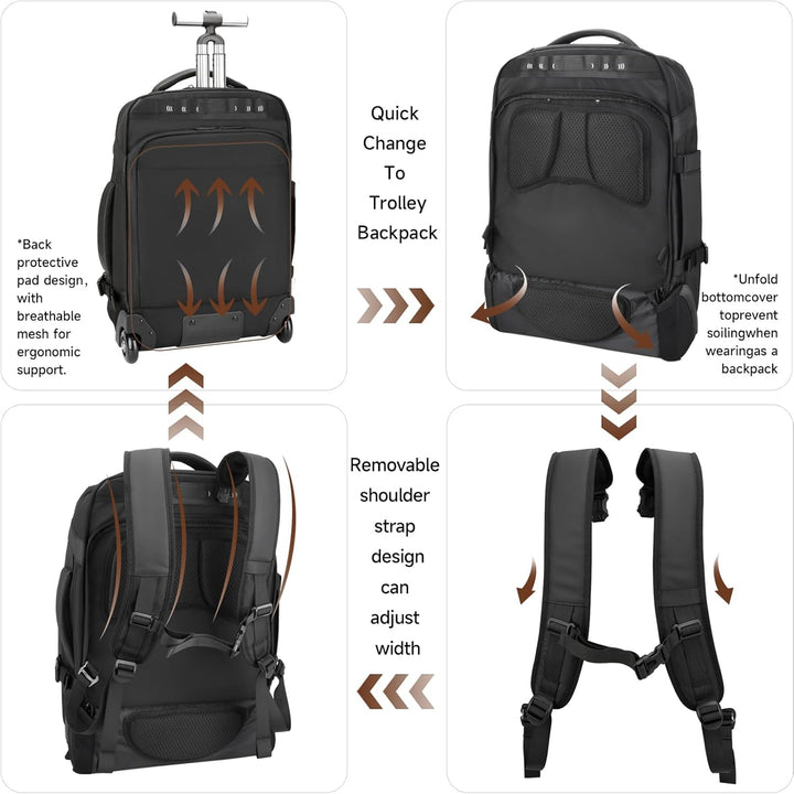 2-in-1-Reiserucksack mit Rollen, 50L Rucksack Trolley mit 17,3" Laptopfach- Handgepäck mit USB-C-Ans
