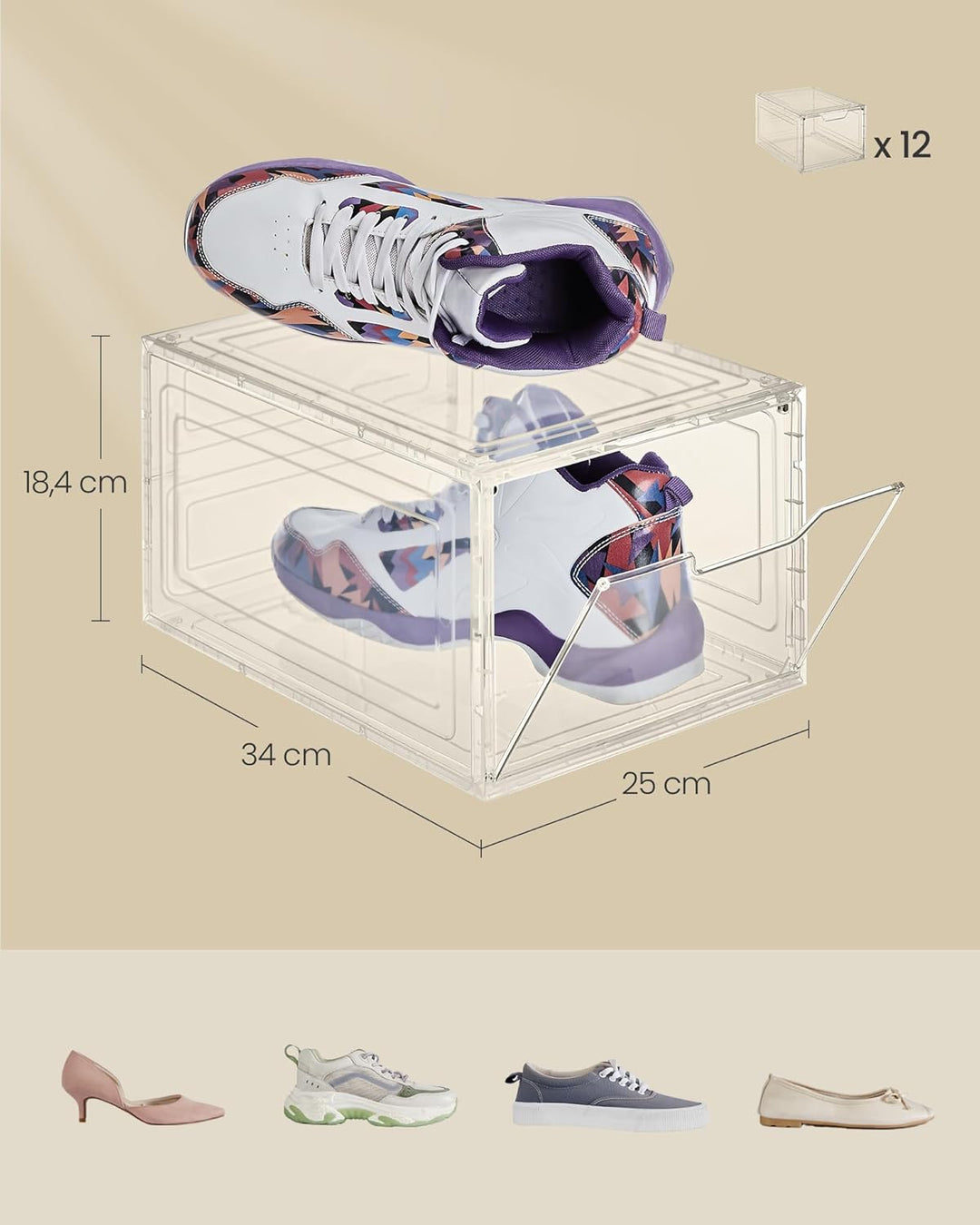 SONGMICS Schuhboxen, Schuh-Organizer aus Kunststoff, mit Tür, durchsichtig, Kunststoffboxen, 12er Se