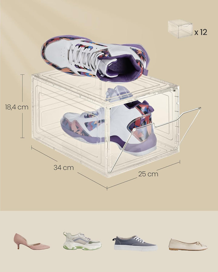 SONGMICS Schuhboxen, Schuh-Organizer aus Kunststoff, mit Tür, durchsichtig, Kunststoffboxen, 12er Se
