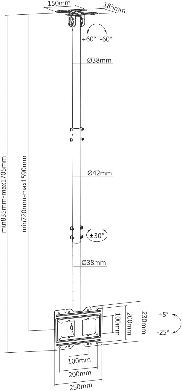 AISENS – CT43TSE-053 – Deckenhalterung Eco drehbar, neigbar und ausziehbar für Monitor/TV 50 kg von