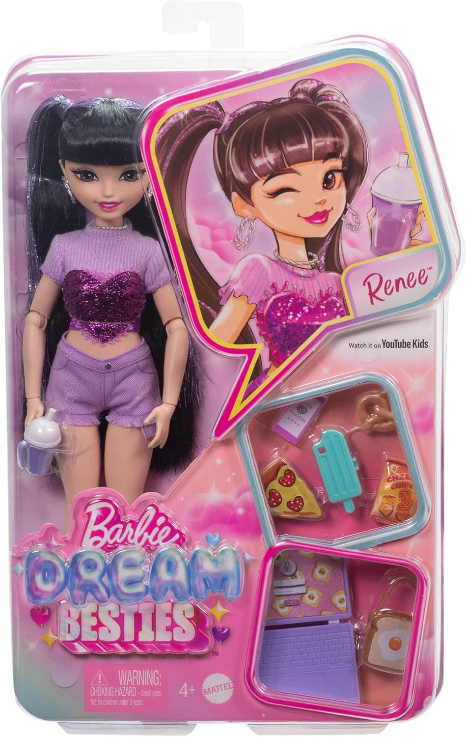 Barbie Dream Besties Puppe und Accessoires, bewegliche Barbie Renee Modepuppe mit langem schwarzem H