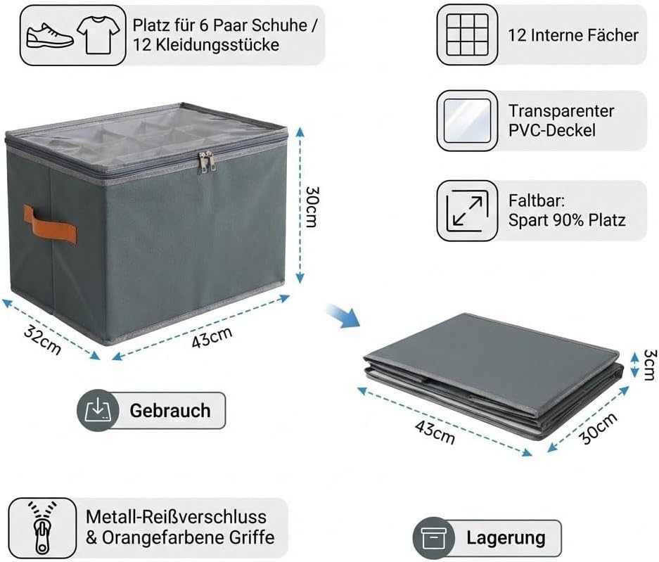 Schuhorganizer Set aus 2 Boxen, je mit 12 Fächern für bis zu 12 Paar Schuhe - Stabile Schuhaufbewahr