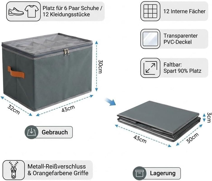 Schuhorganizer Set aus 2 Boxen, je mit 12 Fächern für bis zu 12 Paar Schuhe - Stabile Schuhaufbewahr
