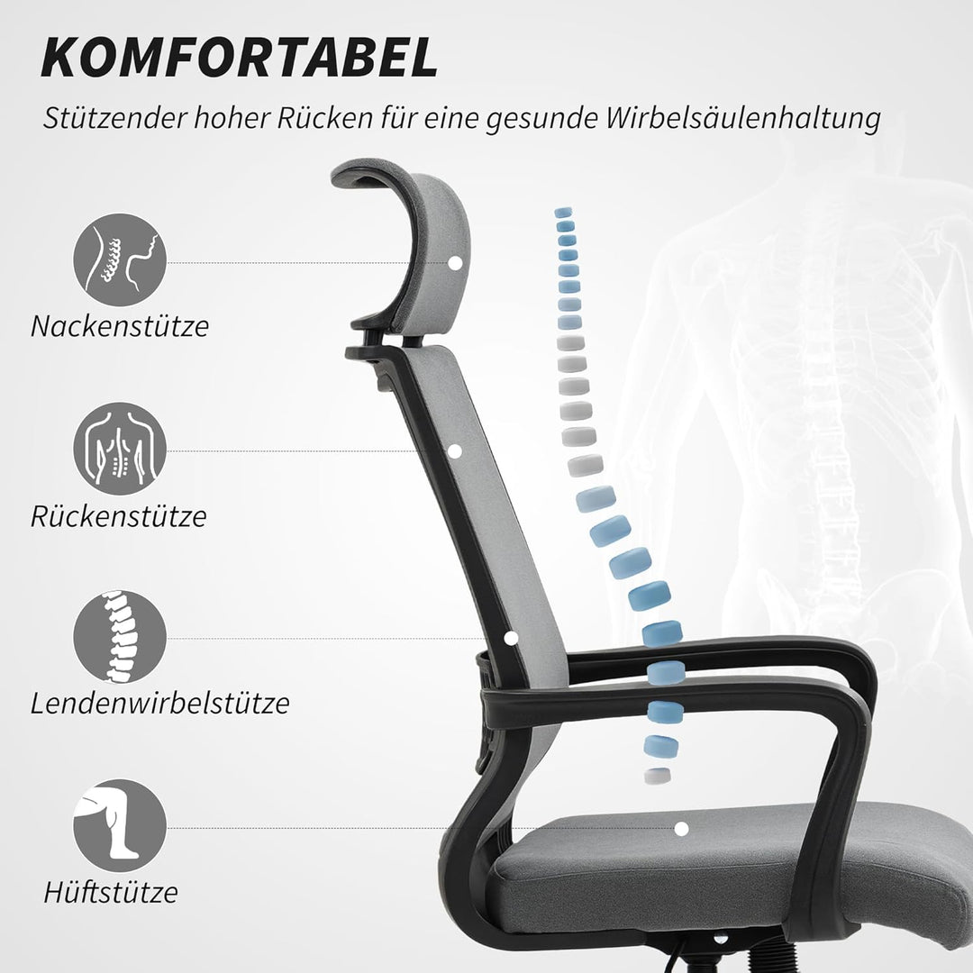 HOMCOM Bürostuhl, Ergonomischer Schreibtischstuhl mit Armlehne, Kopfstütze, Höhenverstellbarer Drehs