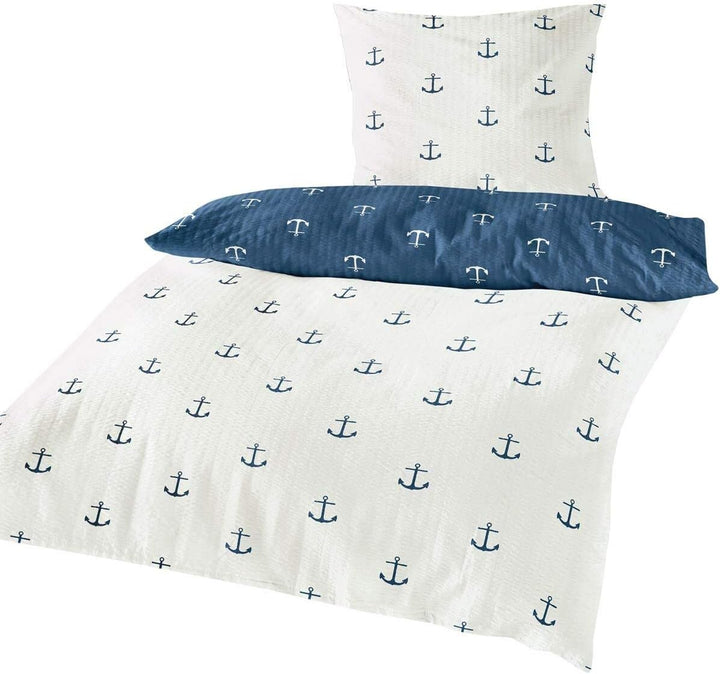 Traumschlaf Seersucker Sommer Wende-Bettwäsche Anker - Bügelfrei - maritim Set 135x200 cm + 80x80 cm