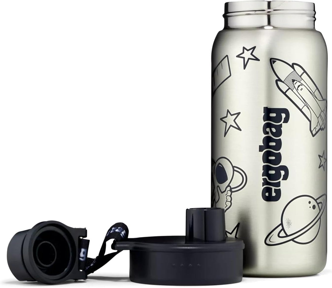 ergobag Edelstahl Trinkflasche Schwarz | 500 ml Fassungsvermögen mit verschiedenen Motiven für Kinde
