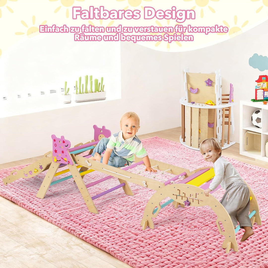 DREAMADE 9-in-1 Montessori Kletterdreieck Set, Kletterbogen aus Holz mit Netz für Kleinkinder ab 1 J