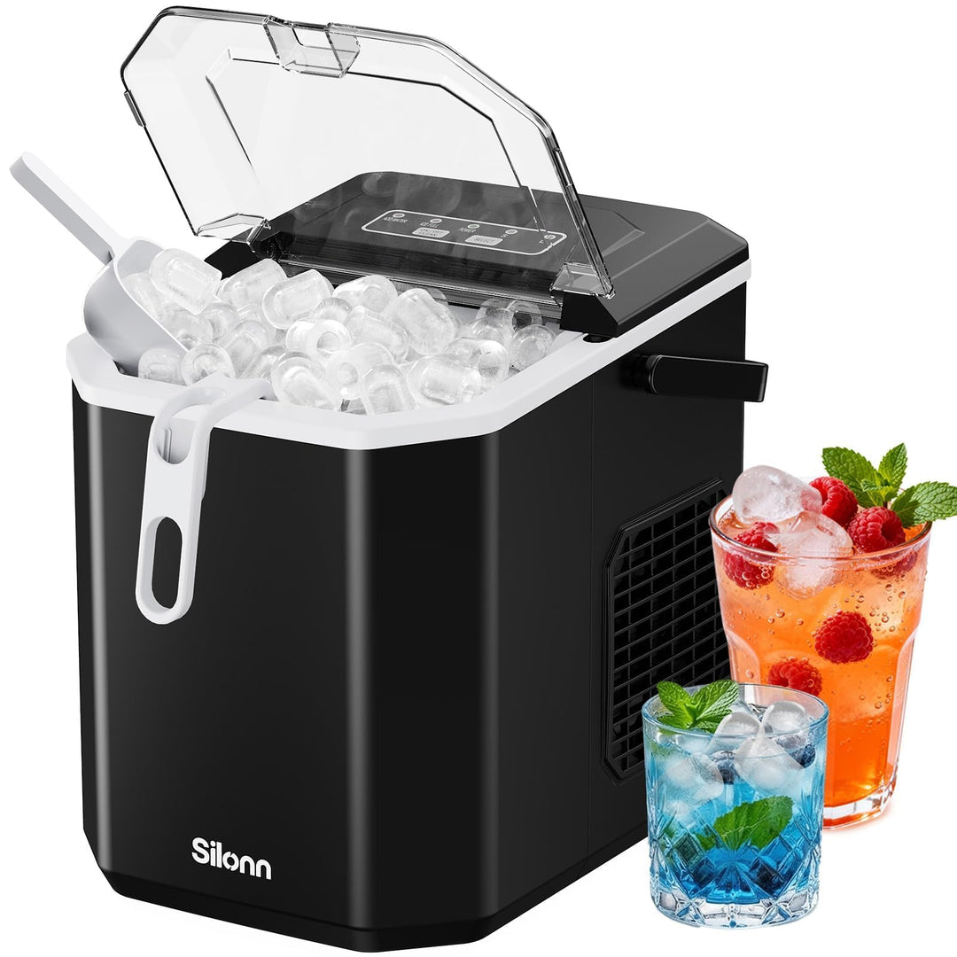 Silonn Eiswürfelmaschine mit Griff-Eiswürfelkorb – Tragbar &amp; Selbstreinigend, Mini Ice Maker 9 Eiswü