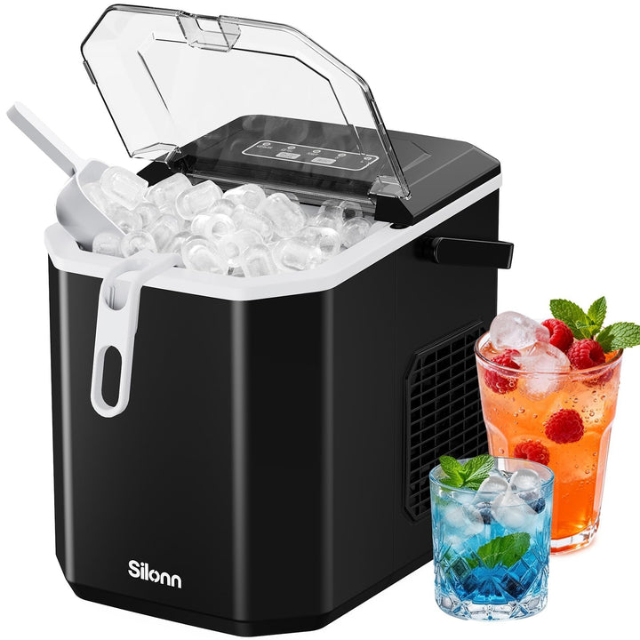 Silonn Eiswürfelmaschine mit Griff-Eiswürfelkorb – Tragbar &amp; Selbstreinigend, Mini Ice Maker 9 Eiswü