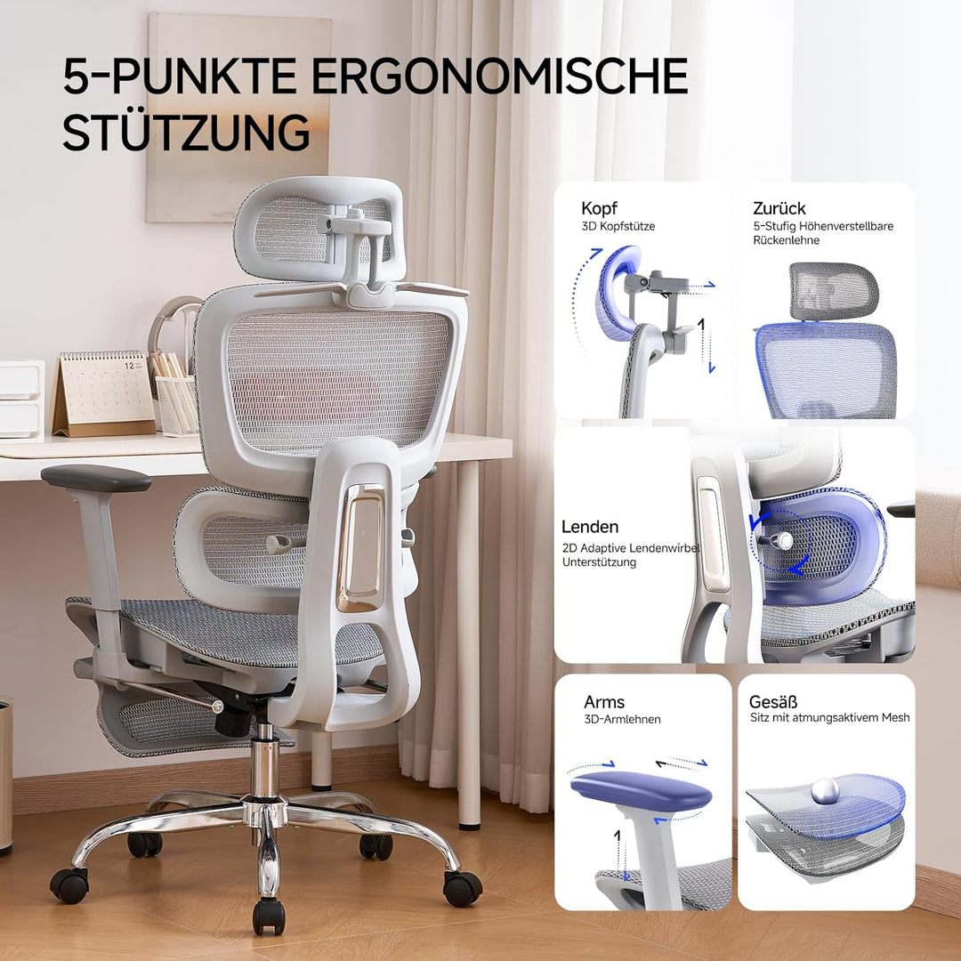 Ergonomischer Bürostuhl mit Fussstuhl & 3D Armlehnen - Gaming Stuhl mit 5-Fach Höhenverstellung, 2D