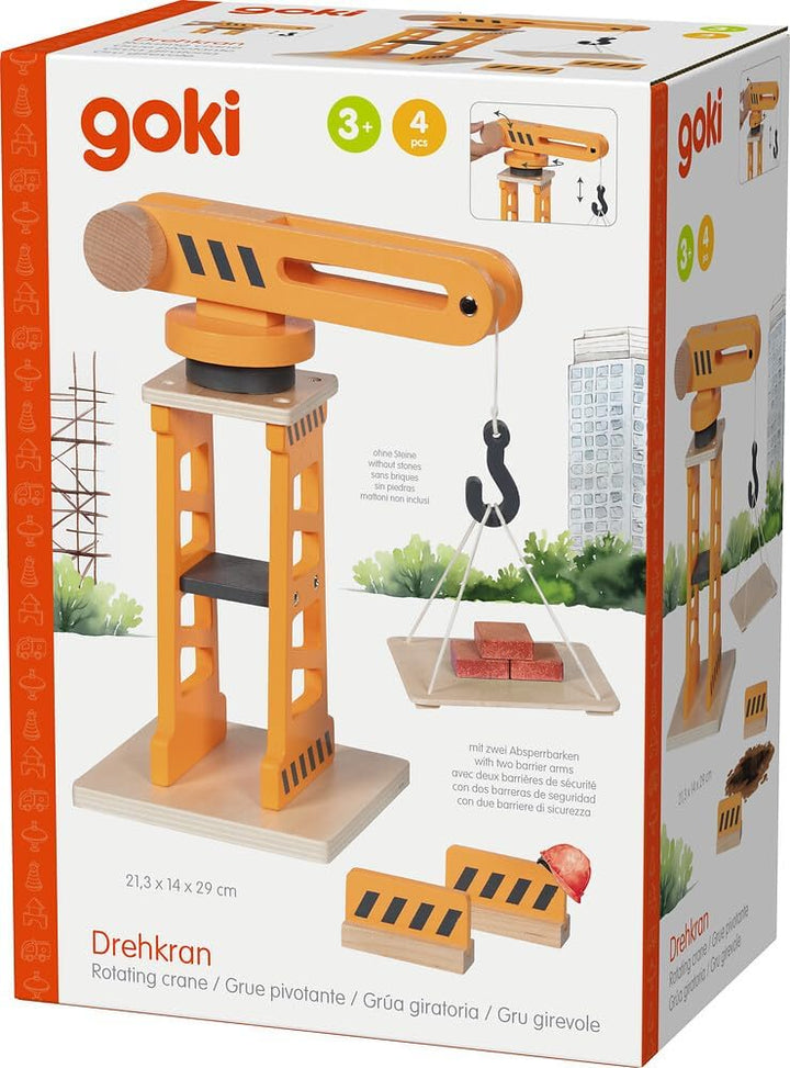 goki 55824 – Drehkran mit Zwei Absperrbarken und Ladeplattform, beweglicher Spielzeug-Baukran aus Ho