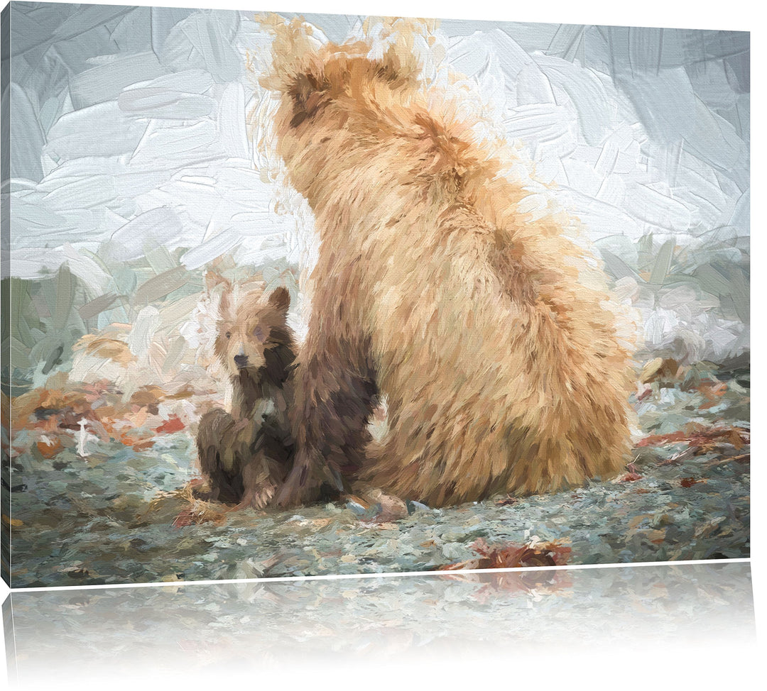 Pixxprint Bär mit Baby nach dem Baden / 100x70cm Leinwandbild bespannt auf Holzrahmen/Wandbild Kunst
