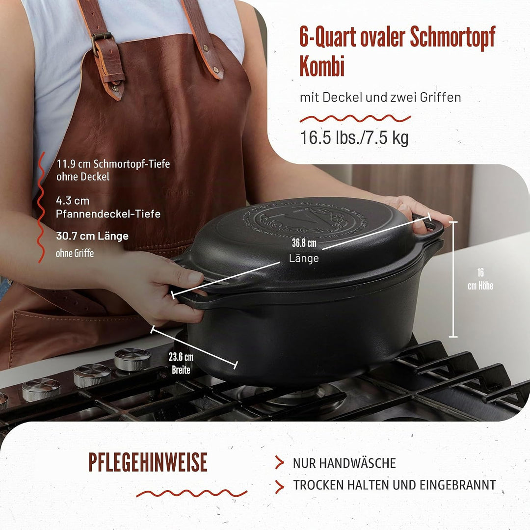 Victoria Dutch Oven Combo Gusseisen Eingebrannte 31cm/ 5,7L, Cast Iron Topf Brot Backen Seasoned Tox