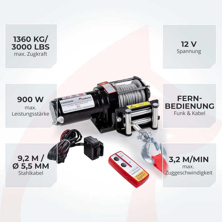 ROTFUCHS Elektrische Seilwinde 12V mit Funkfernbedienung – 1360 kg / 3000lbs Offroad Motorwinde Seil
