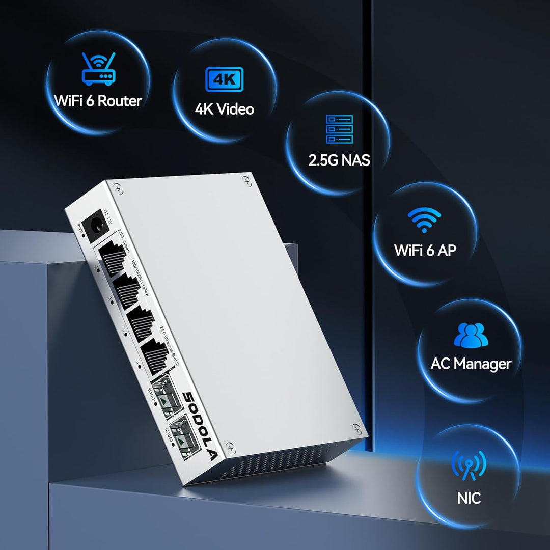 SODOLA 2.5 Gbit Switch– 4X 2,5G Base-T Ports + 2X 10G SFP+, Aluminiumkühlung & Magnetfüsse, Lüfterlo