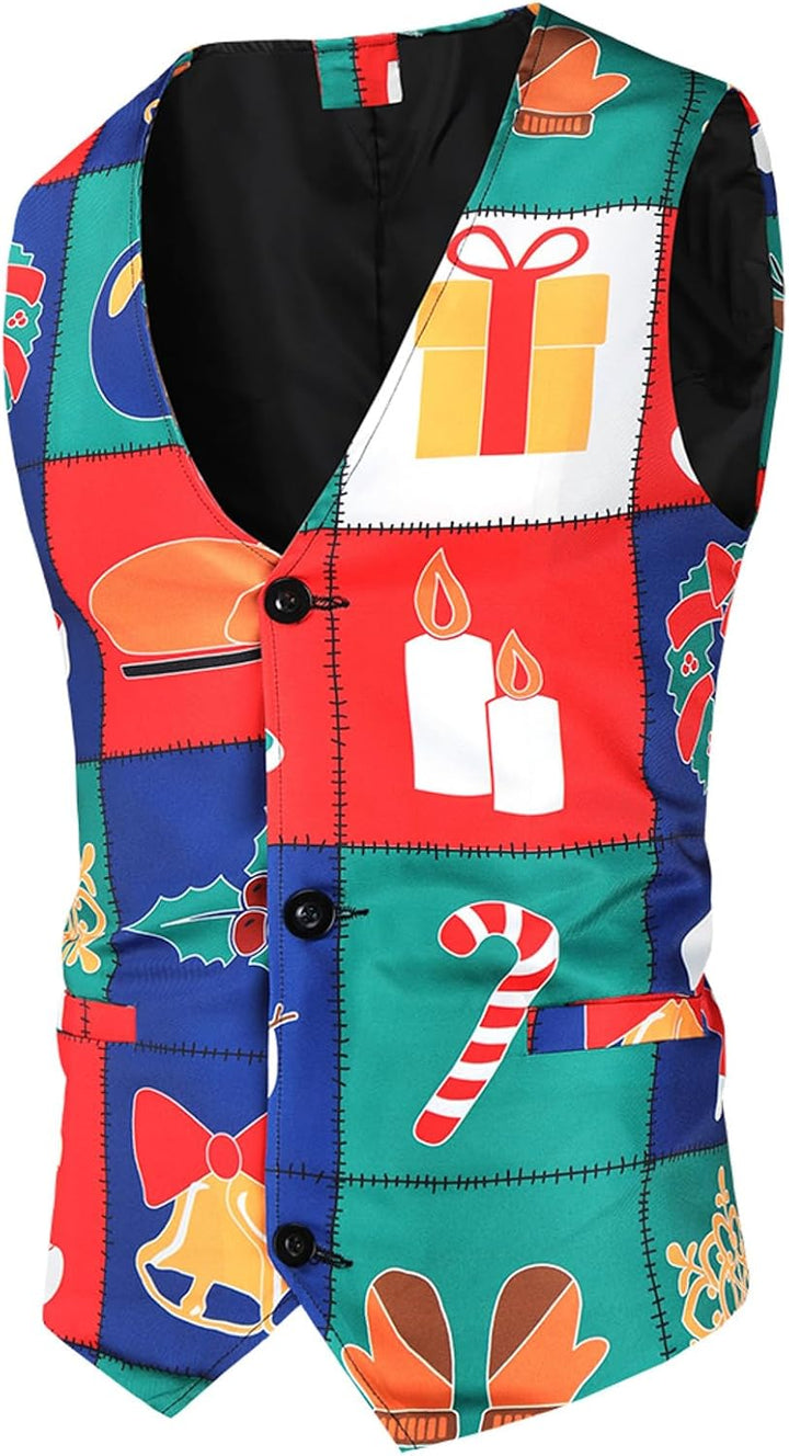 Duohropke Herren Weihnachtsanzug 2Teilig Weihnachtsweste Slim Fit Button Verschiedene Weihnachtsmoti