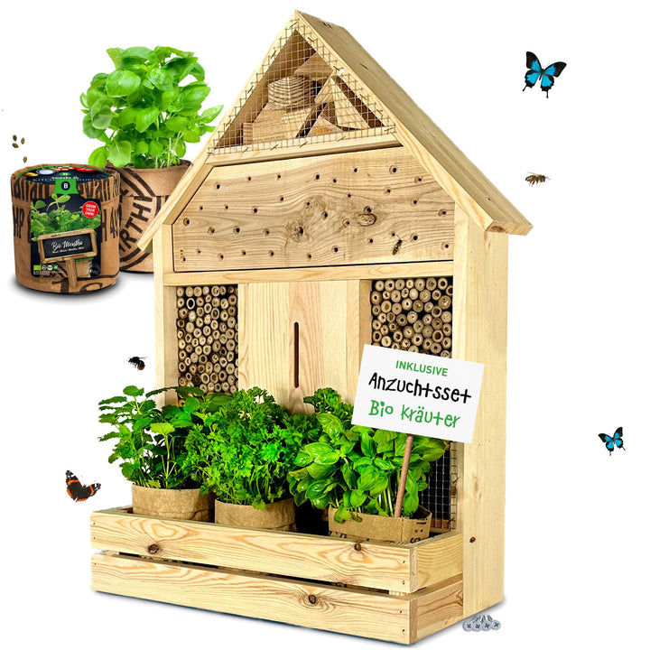 GARTENETAGE Insektenhotel zum Aufhängen mit Pflanzenbalkon Kräuterparadies - inkl. Anzuchtset/Naturb