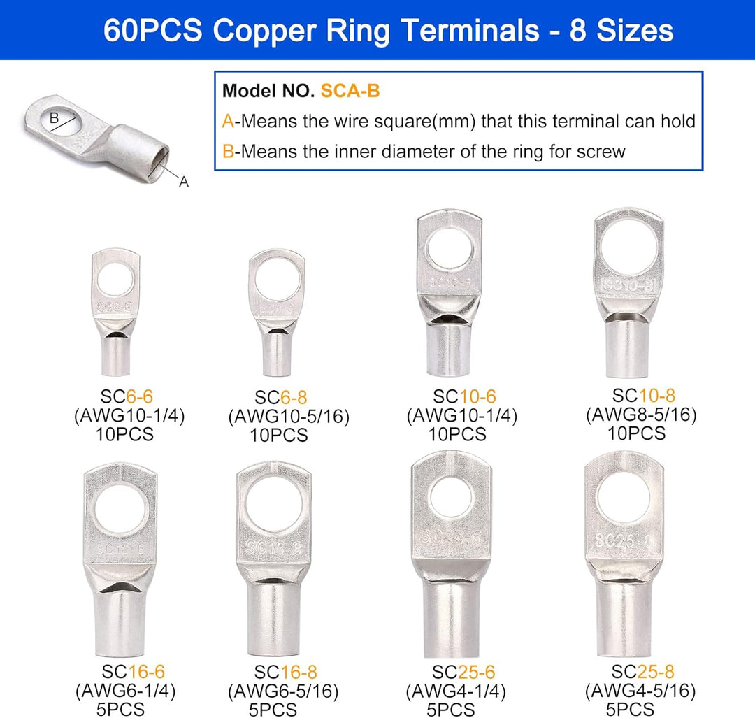 Brileine Batteriekabelschuh Crimpzange Gross 10–1/0 AWG mit 8 Grössen 60 Stück Kupferringklemmen – C