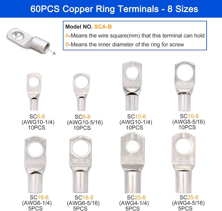 Brileine Batteriekabelschuh Crimpzange Gross 10–1/0 AWG mit 8 Grössen 60 Stück Kupferringklemmen – C